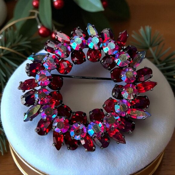Sherman Jewelry - Sherman Signed Red AB Rhinestone Wreath Brooch 1.62" Japanned Holiday Vintage